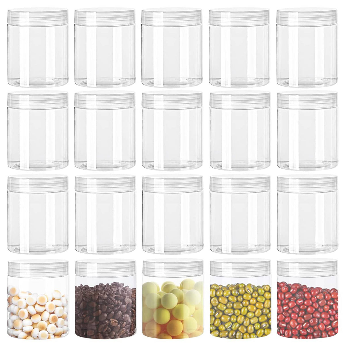 Clear plastic storage jars with snap-on lids, wide-mouth refillable containers