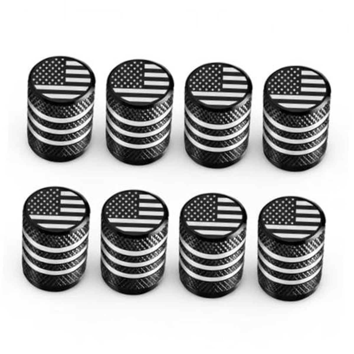Set of 8 tire valve stem caps with black textured sides and engraved U.S. flag tops.