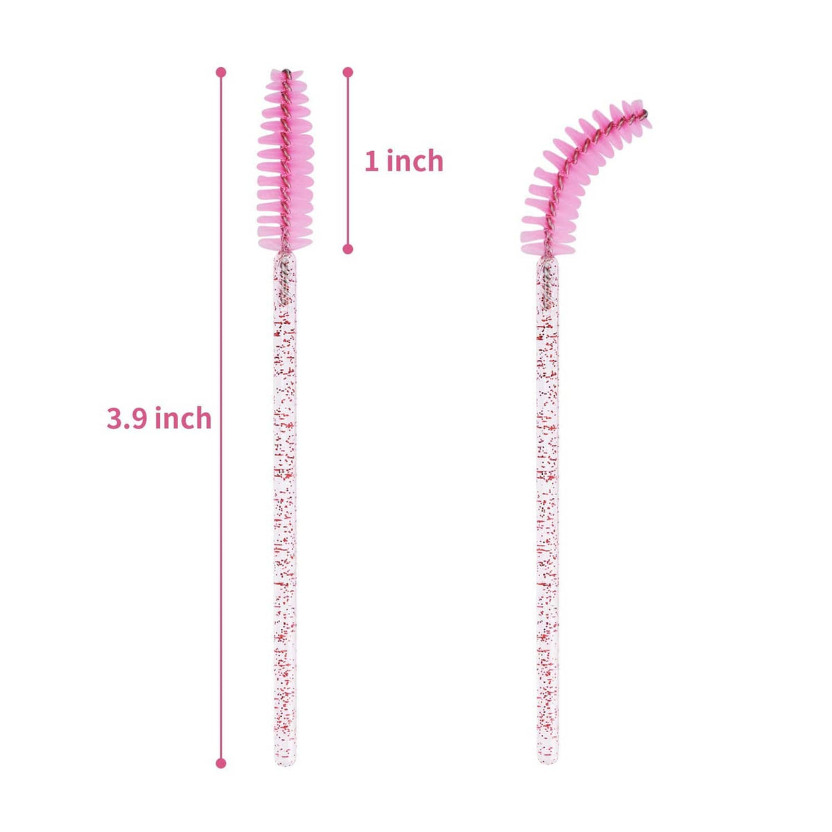 Pink disposable eyelash mascara wand with glitter handle and spiral bristles