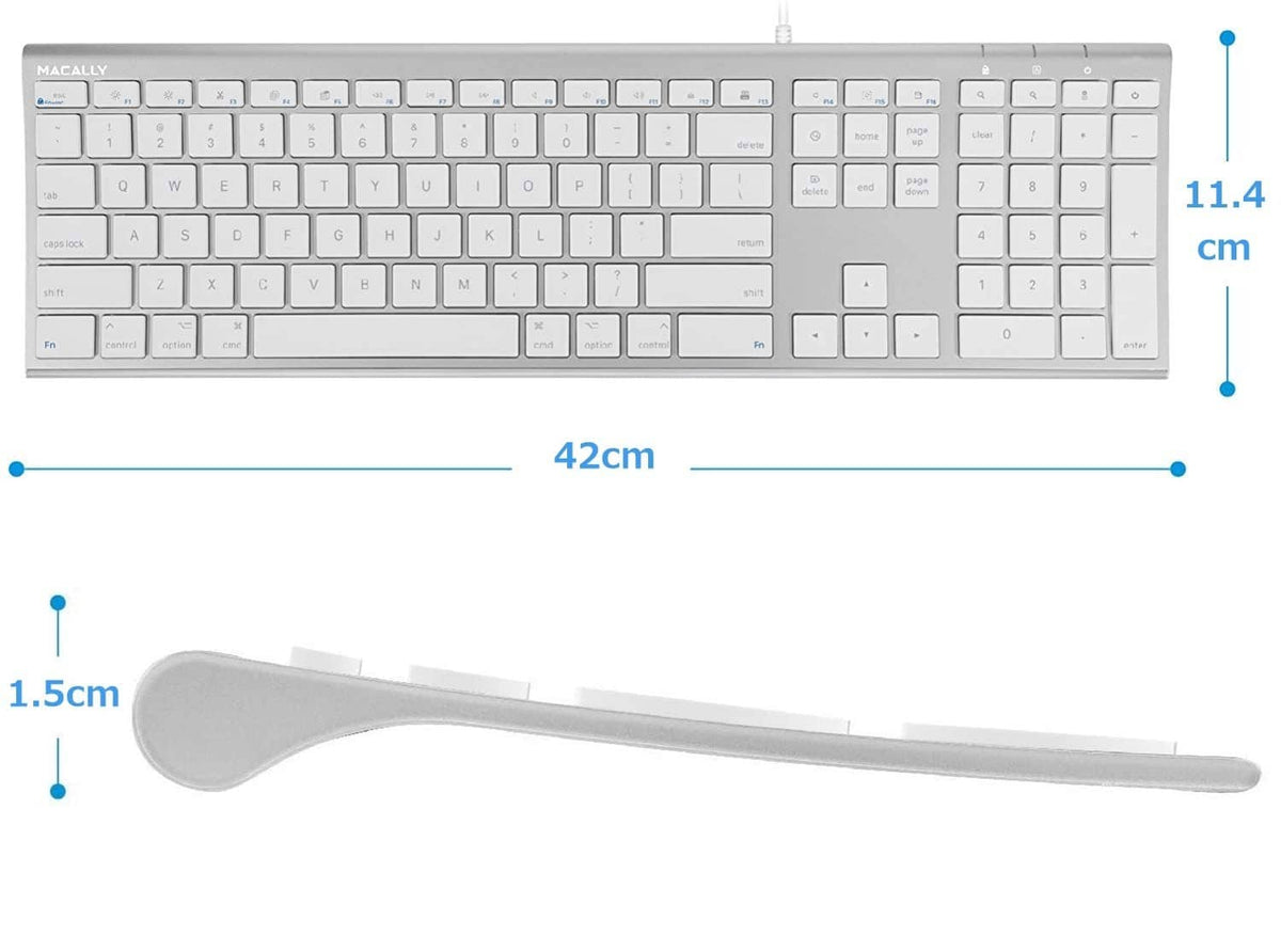 Slim silver full-size wired keyboard with white keycaps and aluminum body