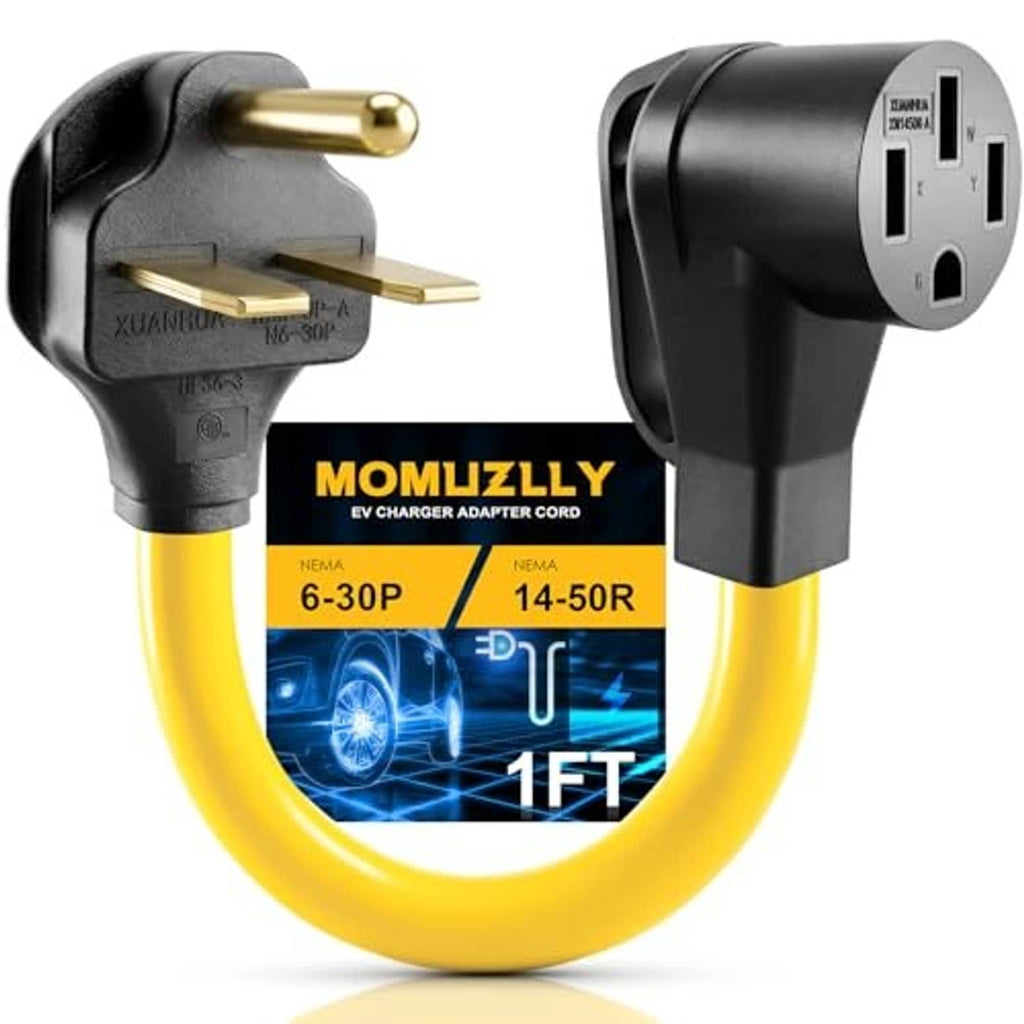 EV charger adapter cord with NEMA 6-30P male plug to NEMA 14-50R female plug, yellow