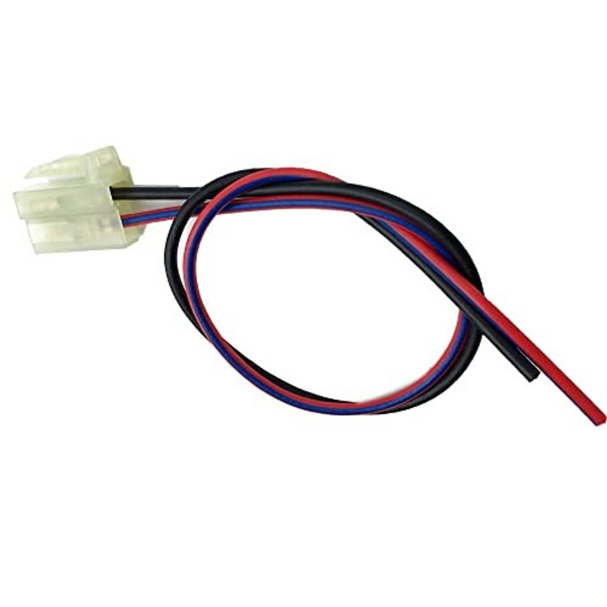 Alternator plug pigtail harness with white connector plug and bundled black, red, blue leads