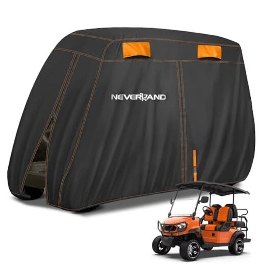 Black golf cart cover with orange accents and NEVERLAND logo, fitted for 4 passenger cart