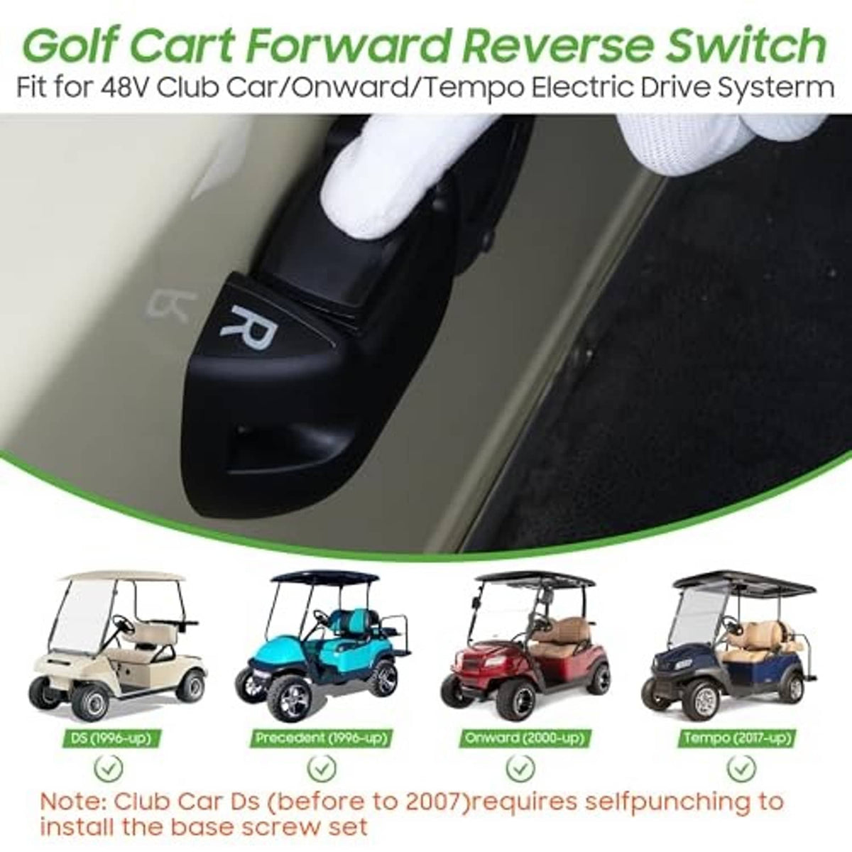 Black golf cart forward reverse switch with F and R markings and mounting base