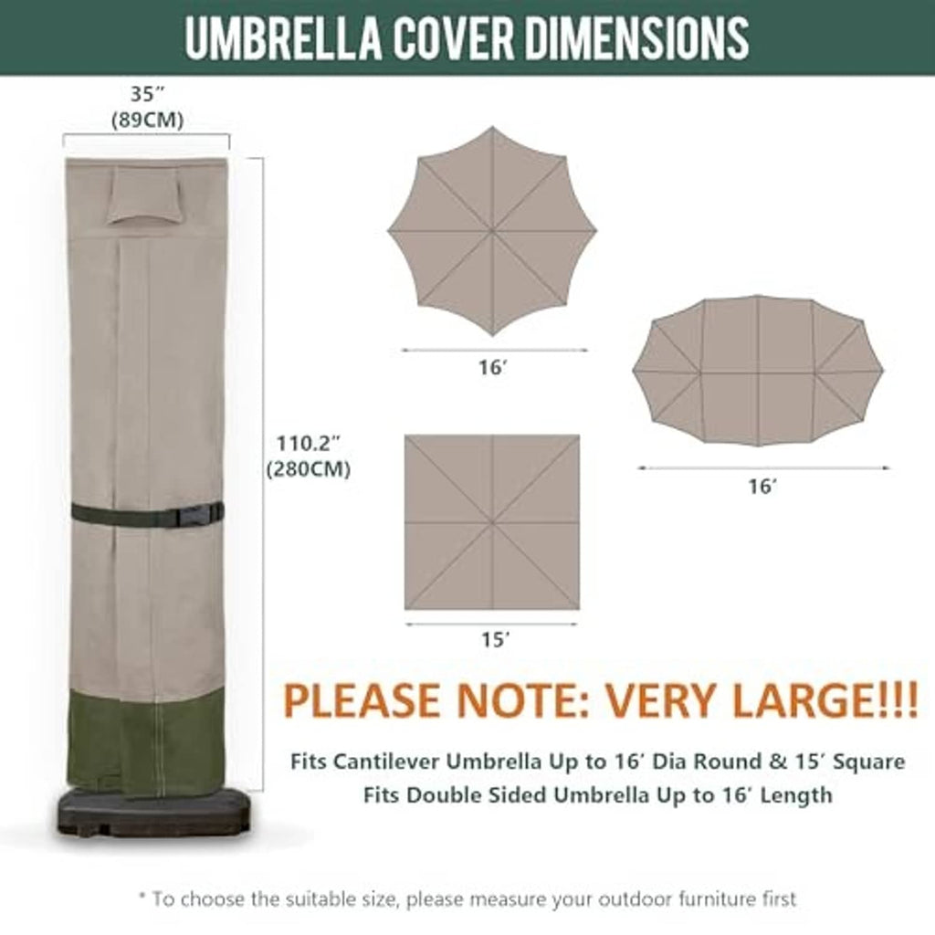 Taupe cantilever umbrella cover with green bottom band; includes size diagram
