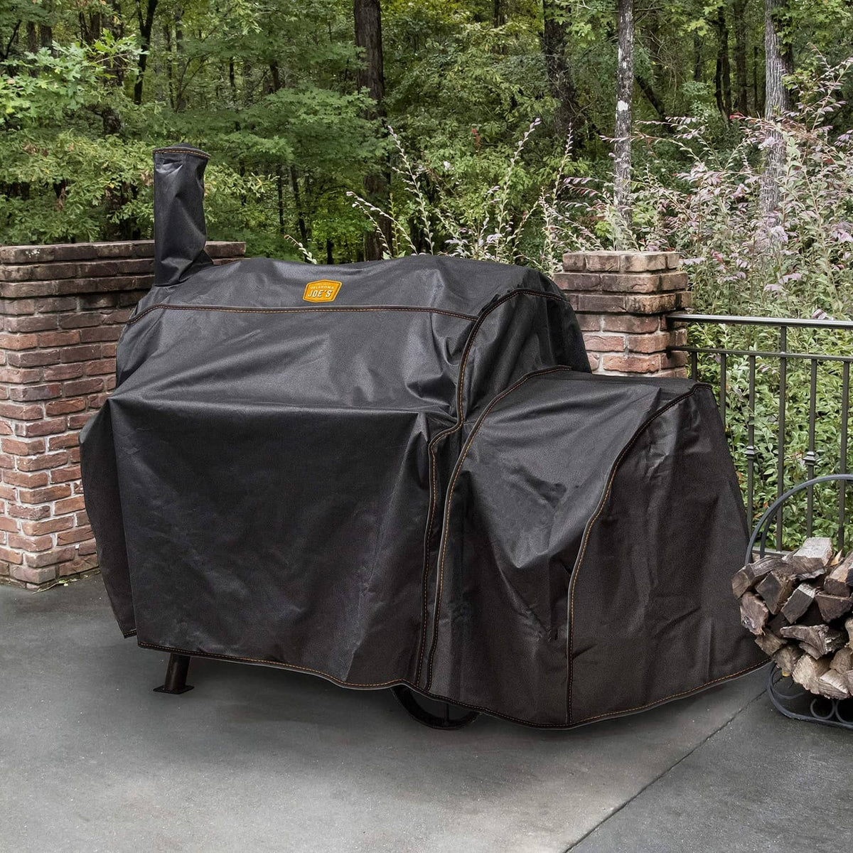 Oklahoma Joe’s Highland offset smoker cover in black with zipper front and side panels