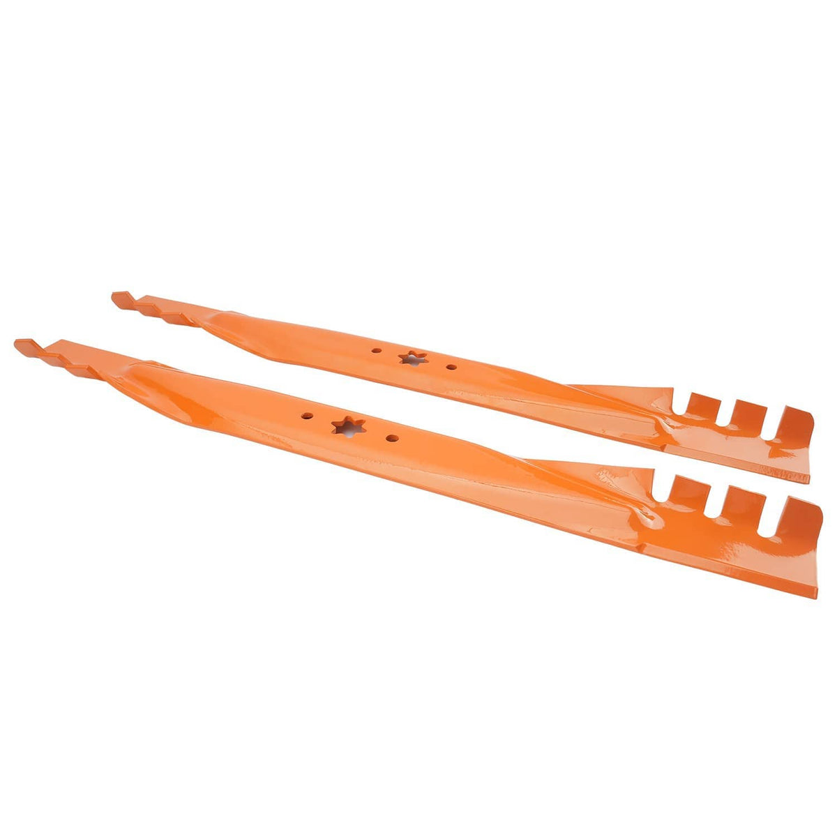 Two orange deck mower blades with serrated cutting teeth