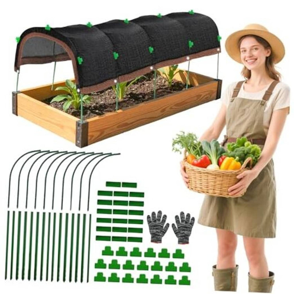 Garden shade cloth hoop with black netting, wooden base, and included clips/tubes