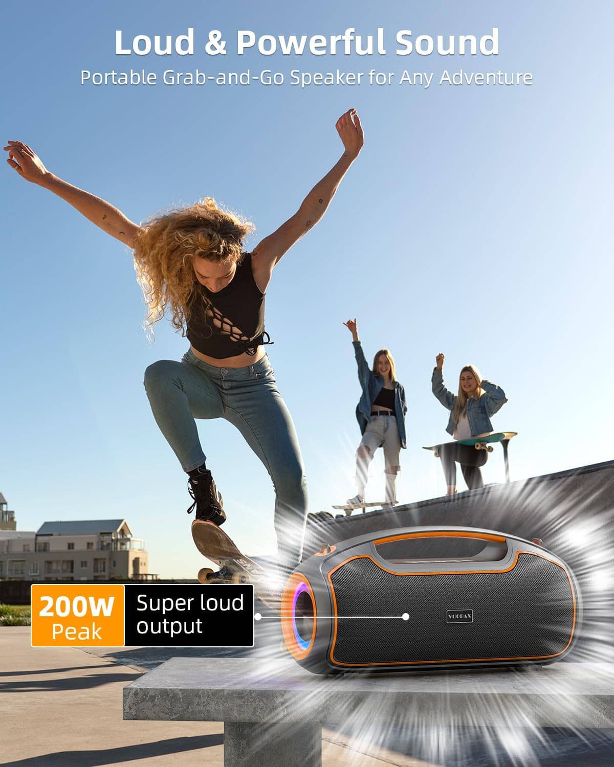 Portable Bluetooth speaker with orange ring lights and carry strap, angled front view