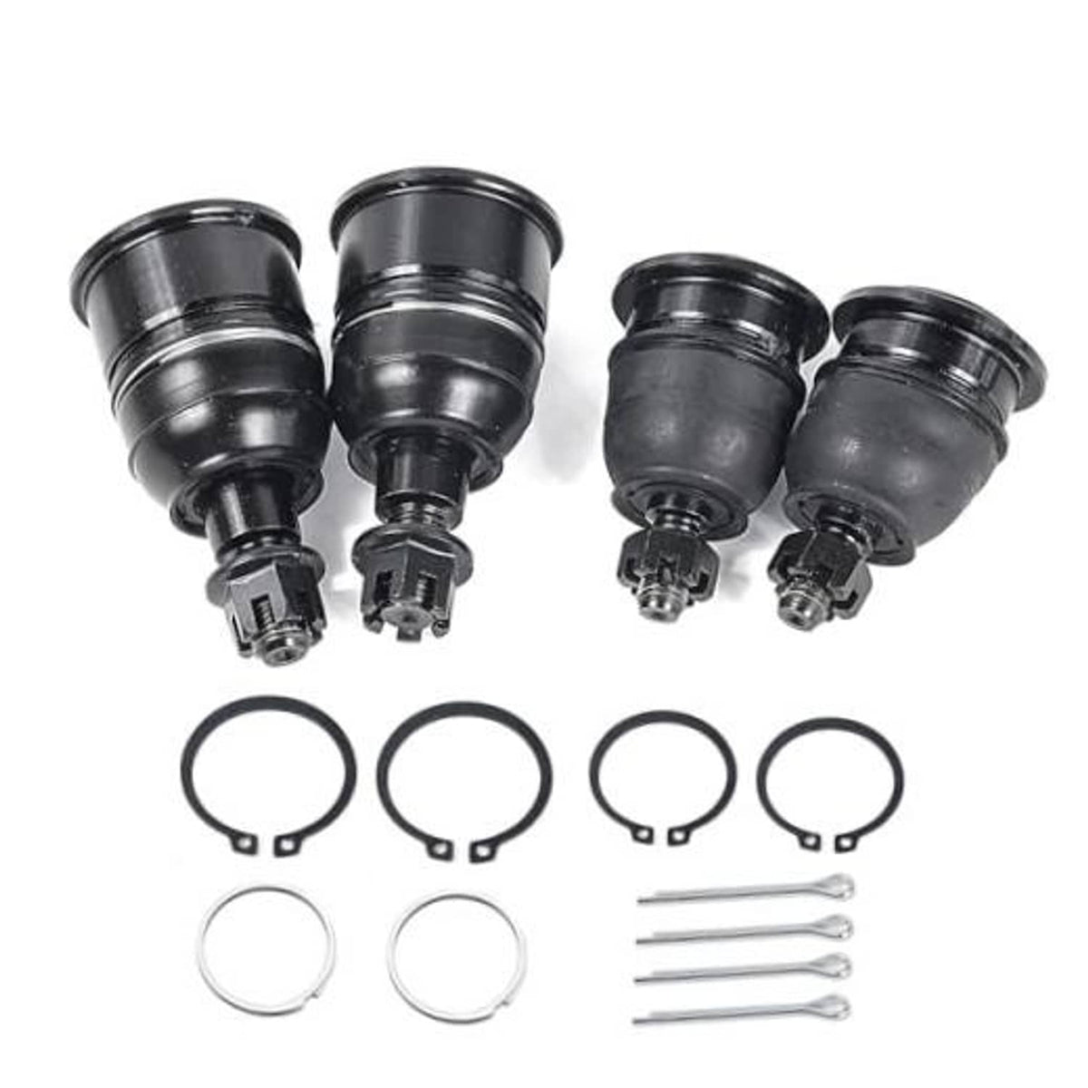 4-piece black ball joint kit with dust boots, retaining rings, and installation pins