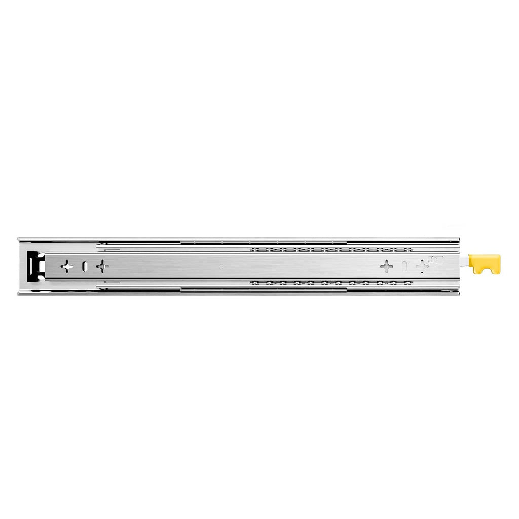 Single drawer slide rail assembly with soft-close hardware and yellow release tab