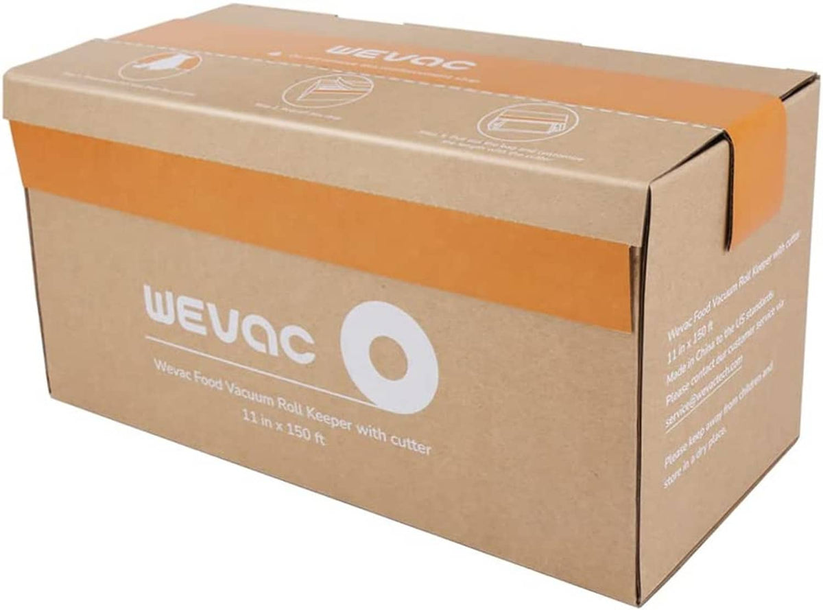 Vacuum roll keeper product box, brown cardboard with orange top and Wevac logo