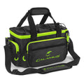 Black and neon green fishing tackle bag with padded top handles and shoulder strap