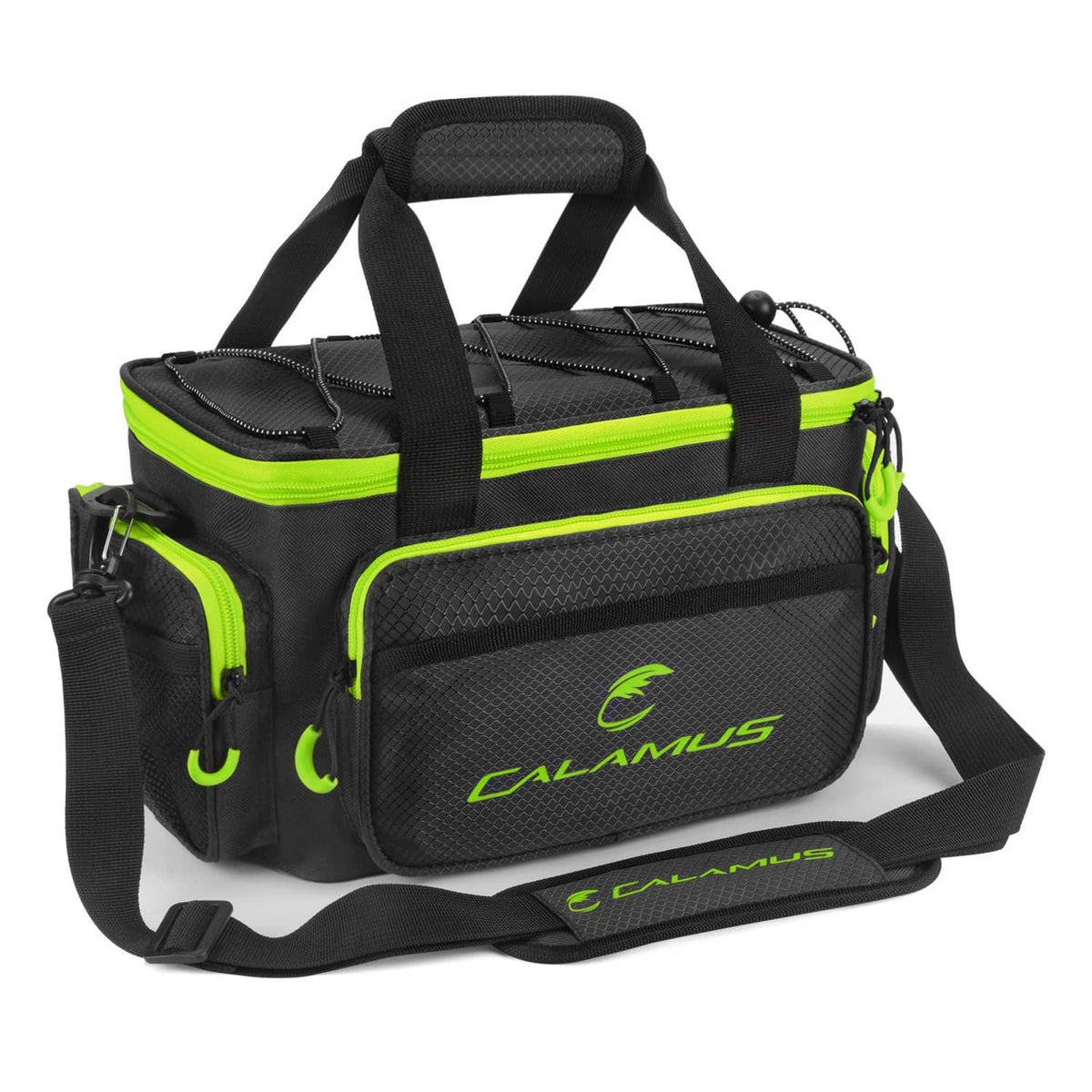 Black and neon green fishing tackle bag with padded top handles and shoulder strap