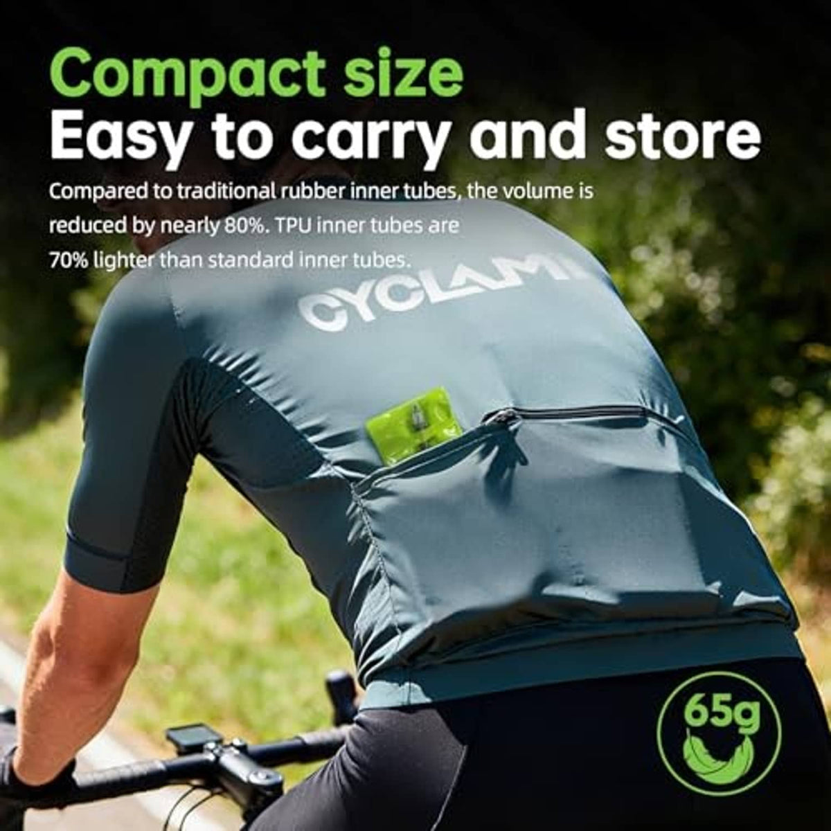 TPU inner tube compact pack for easy carrying, green tube visible on bag