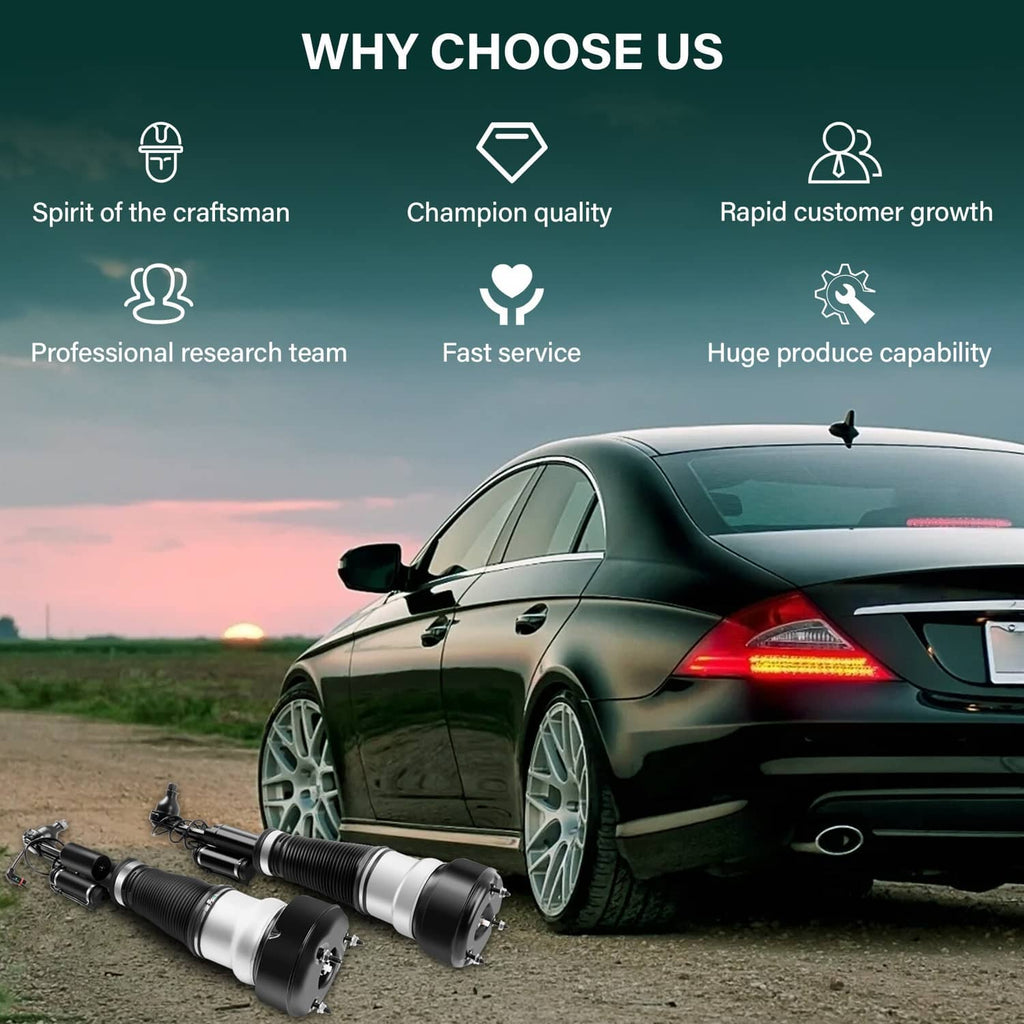 Pair of front air suspension struts shown beside a black luxury sedan on road