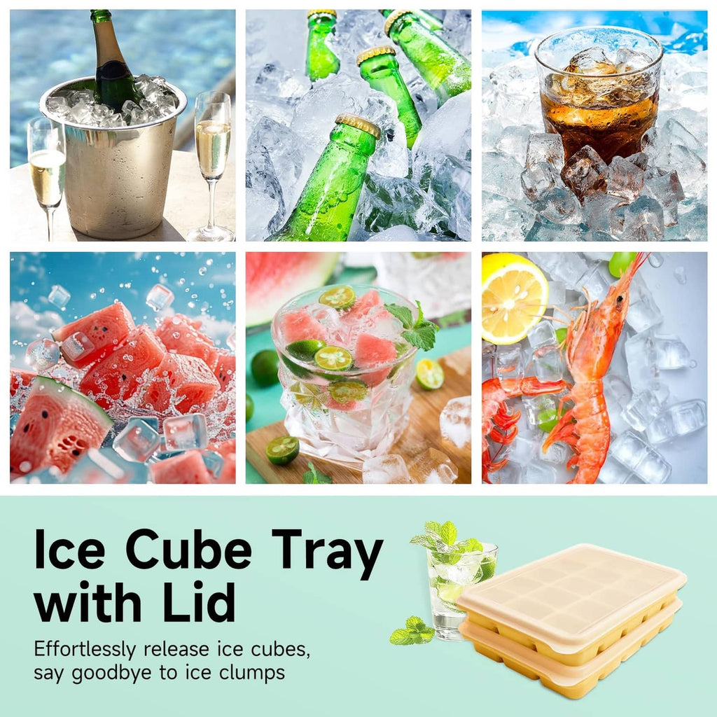 Yellow ice cube tray with lid, positioned for releasing ice cubes