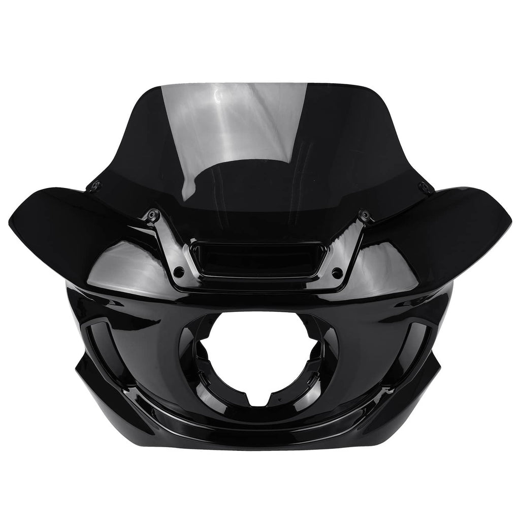 Black headlight fairing with windshield panel, front view