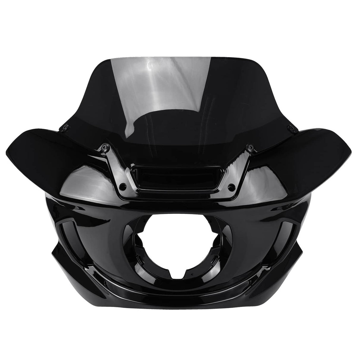 Black headlight fairing with windshield panel, front view