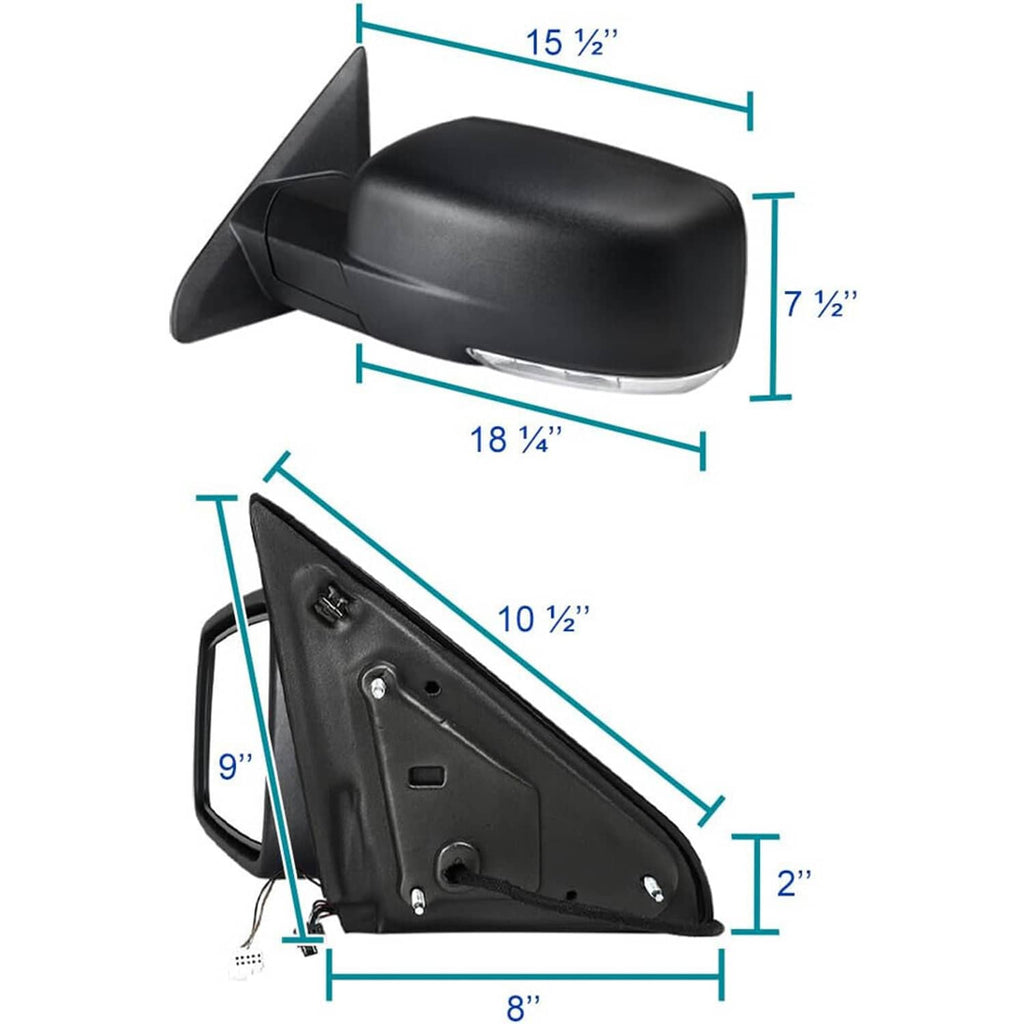 Power folding heated side mirror, black housing with glossy mirror glass and mounting base