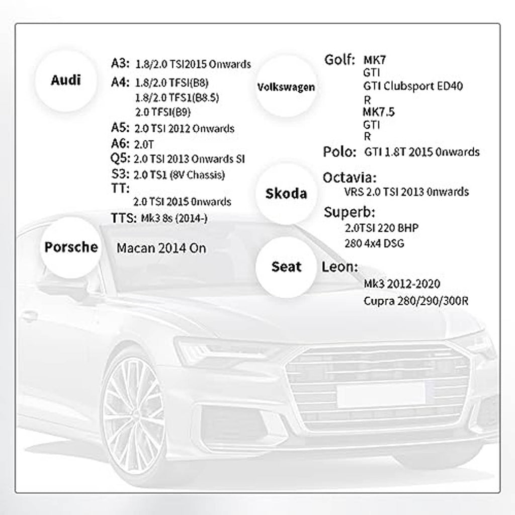Fitment chart for select vehicles featuring model logos and engine notes on a white background