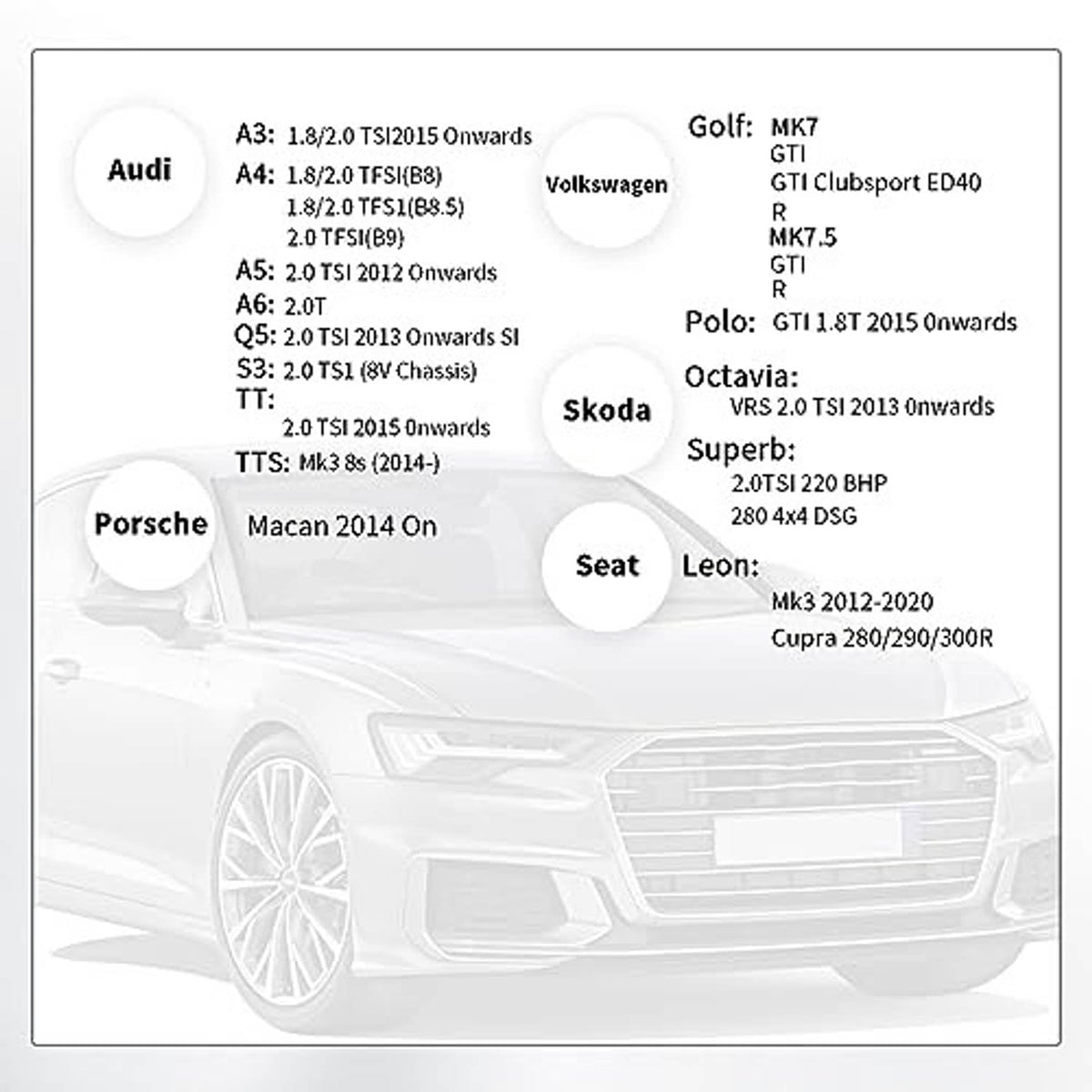 Fitment chart for select vehicles featuring model logos and engine notes on a white background