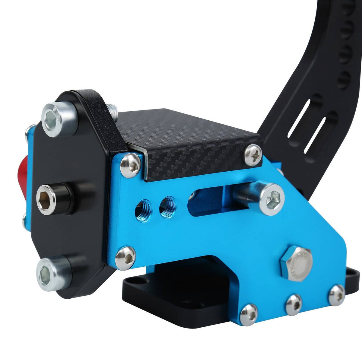 Racing handbrake controller with blue base, black bracket, and metal screw hardware