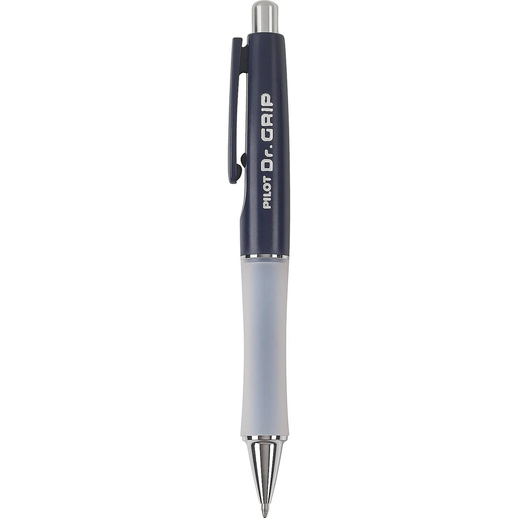 Pilot Dr. Grip retractable ballpoint pen shown upright, navy grip, metal tip