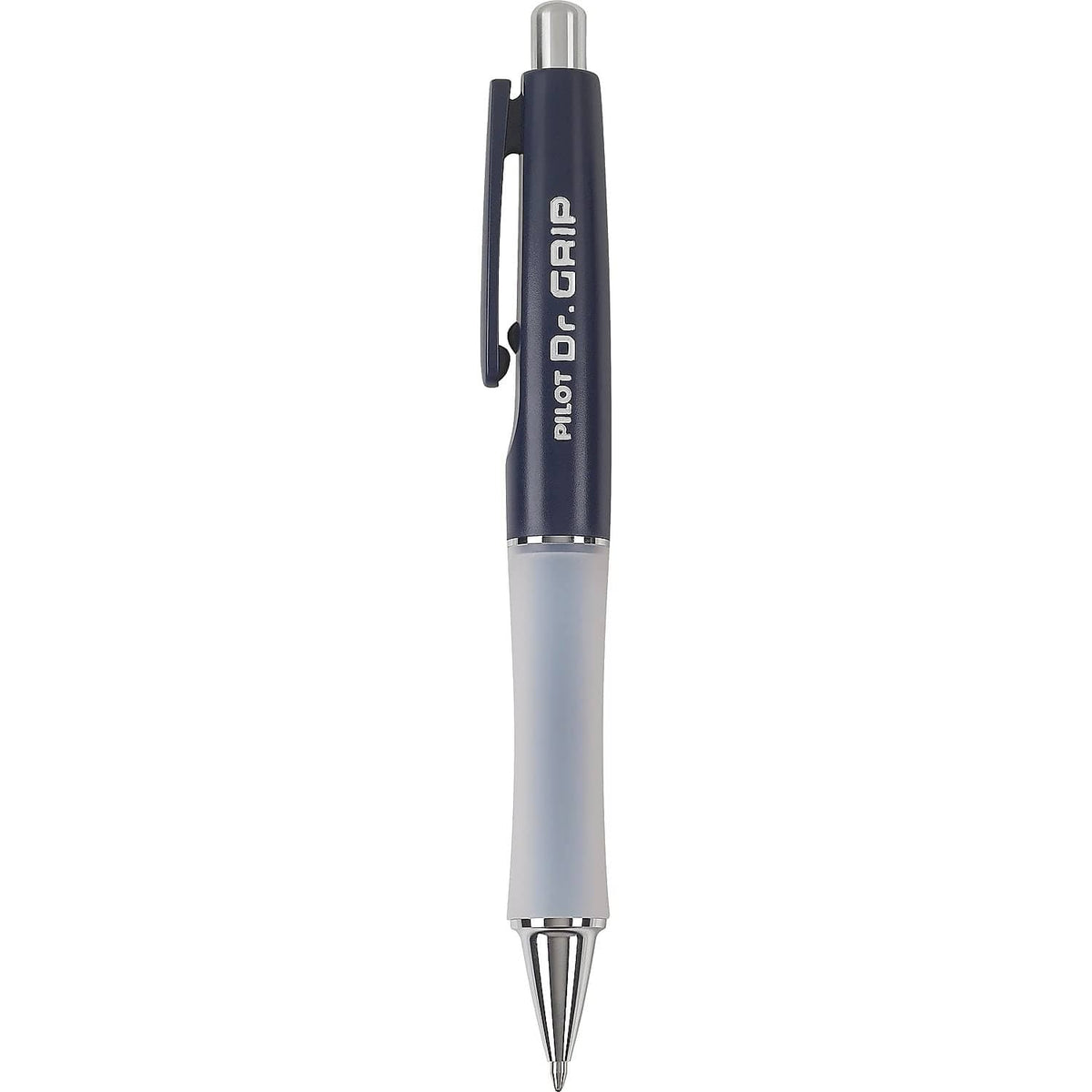 Pilot Dr. Grip retractable ballpoint pen shown upright, navy grip, metal tip