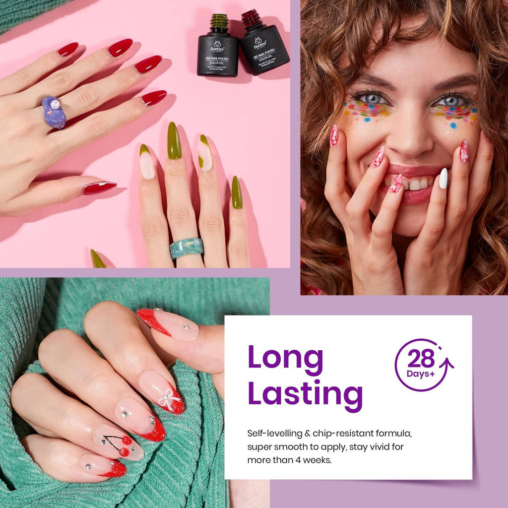 Assorted gel manicure nails in red, pink, green, and blue with decorative accents