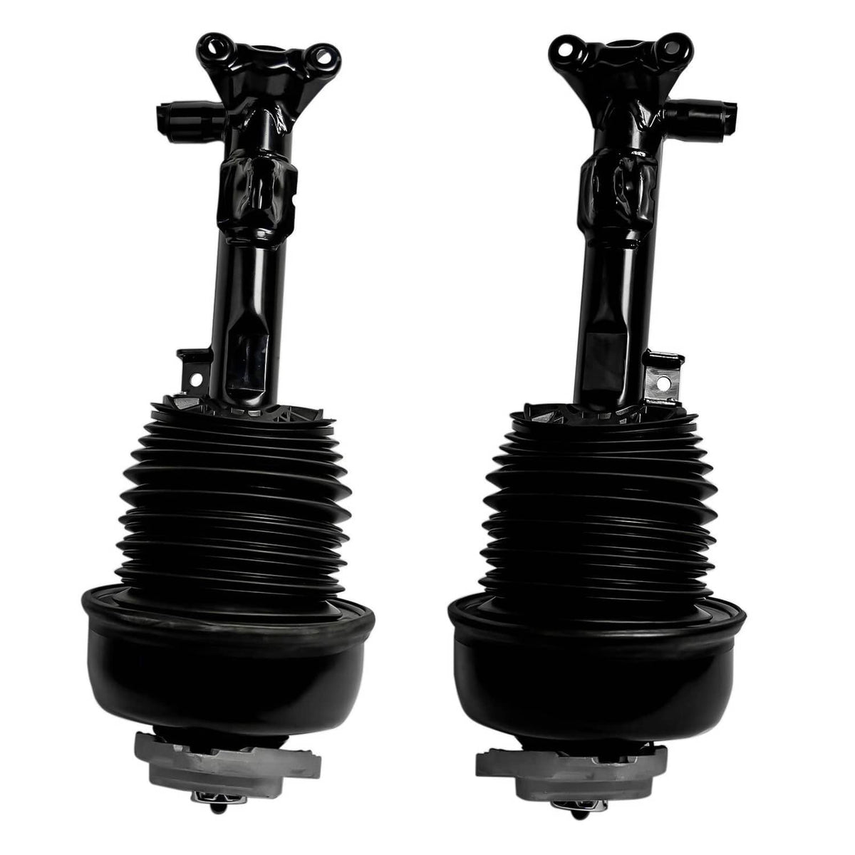 Front air suspension shock struts with black air springs and exposed mounting bases, pair