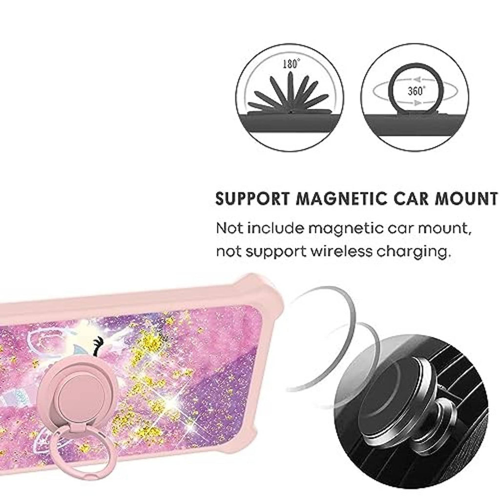 Pink glitter phone case with unicorn pattern and circular ring stand, side view