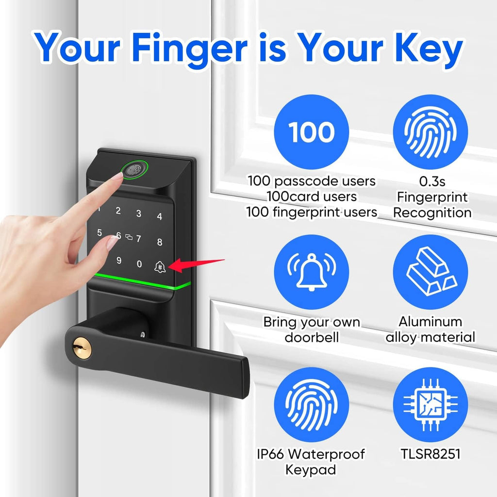 Smart keypad door lock with handle on door, illuminated keypad and fingerprint reader