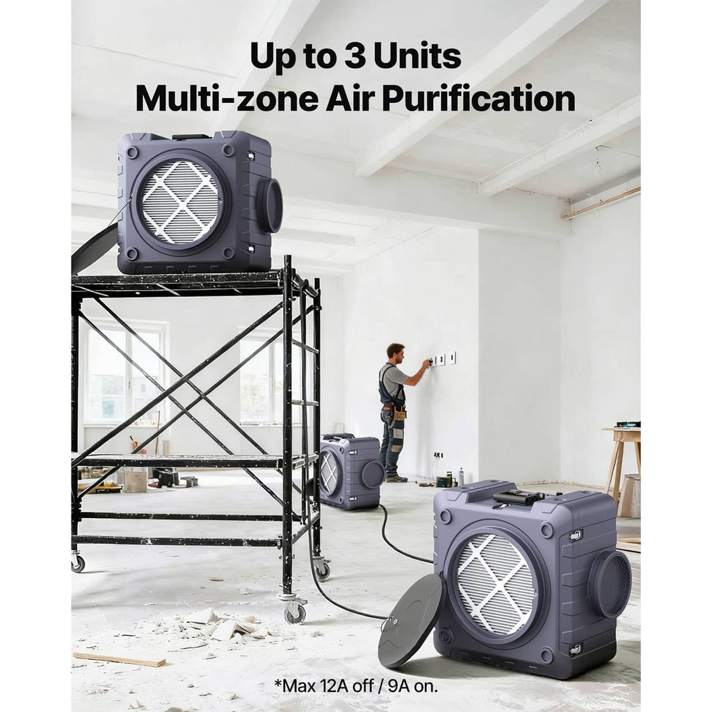 Gray HEPA negative air machine unit with front fan intake and stacked setup