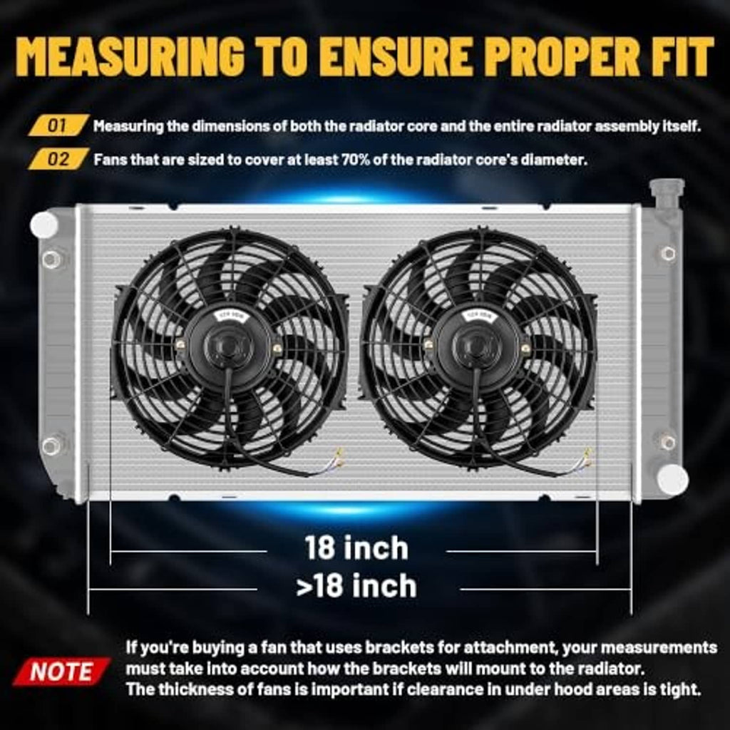 Two 8-inch radiator cooling fans mounted on a radiator core, black blade grilles