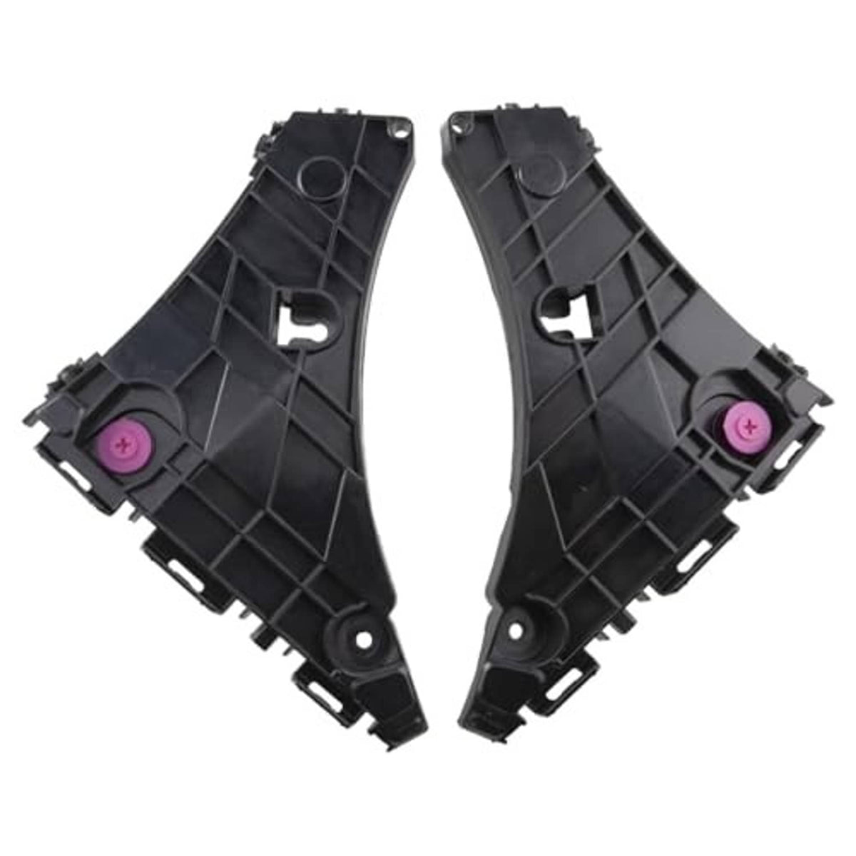 Pair of black front bumper brackets with curved housings and pink retaining clips
