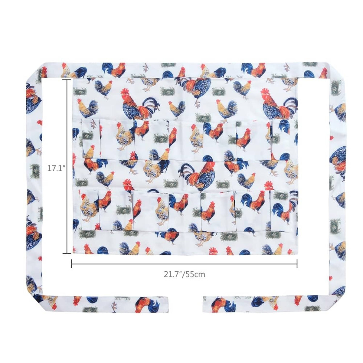 Chicken egg apron size view: white with roosters pattern, front pocket layout