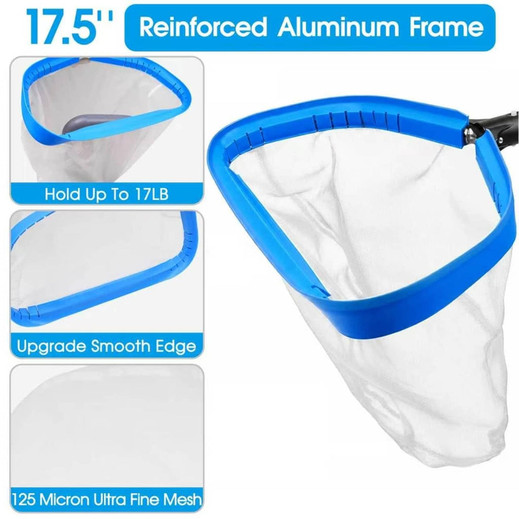Blue-rim pool net bag with ultra-fine white mesh and black connector for the pole