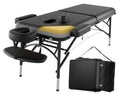 Portable 2-fold massage table with black frame, black armrests, and face cradle; includes carry bag