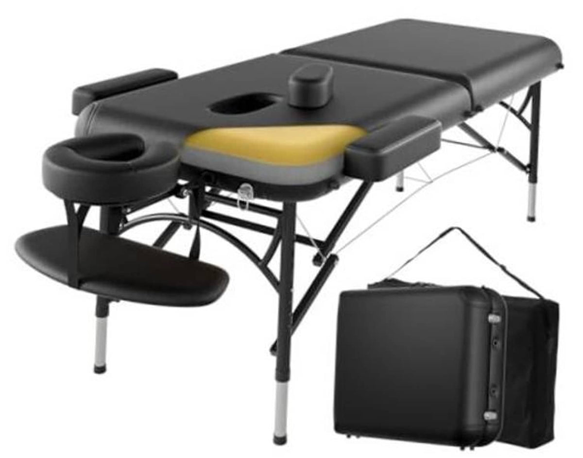 Portable 2-fold massage table with black frame, black armrests, and face cradle; includes carry bag