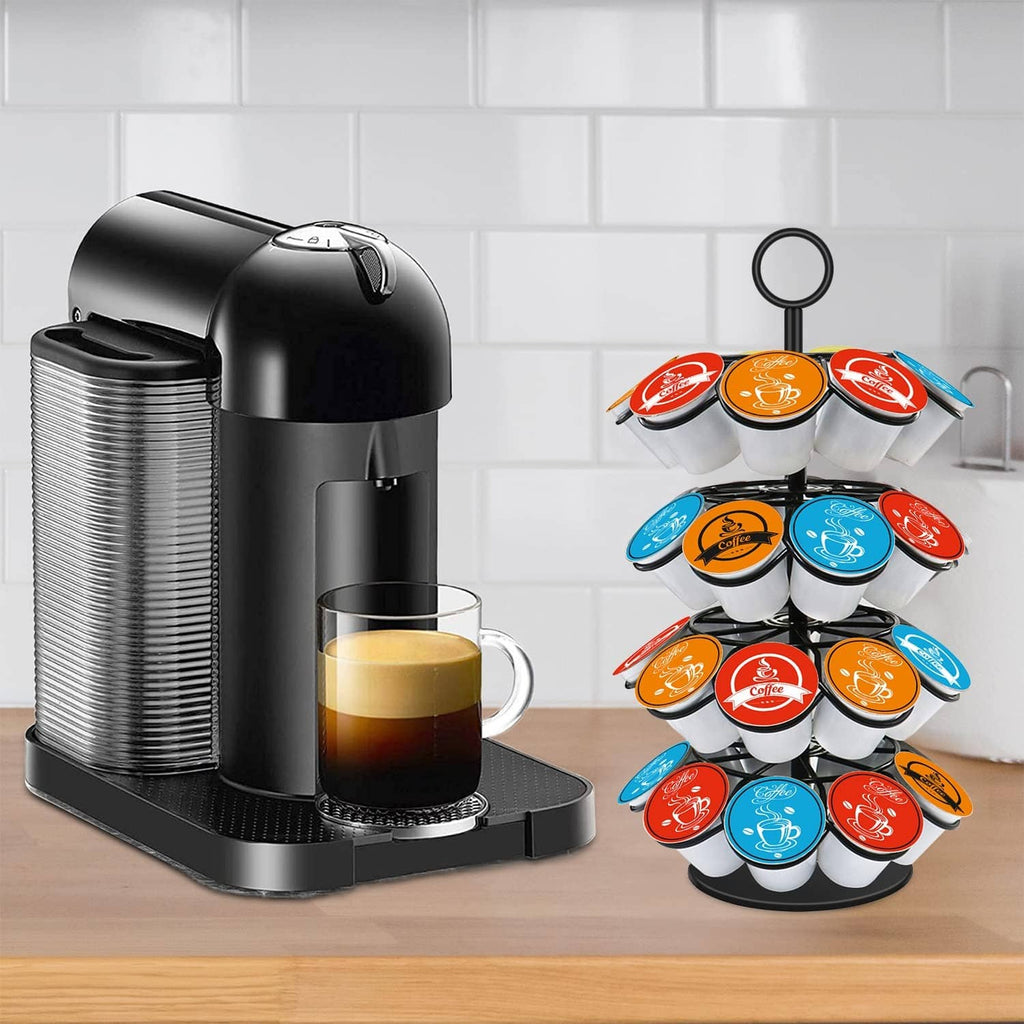 Black coffee pod carousel holder filled with colorful K-cups