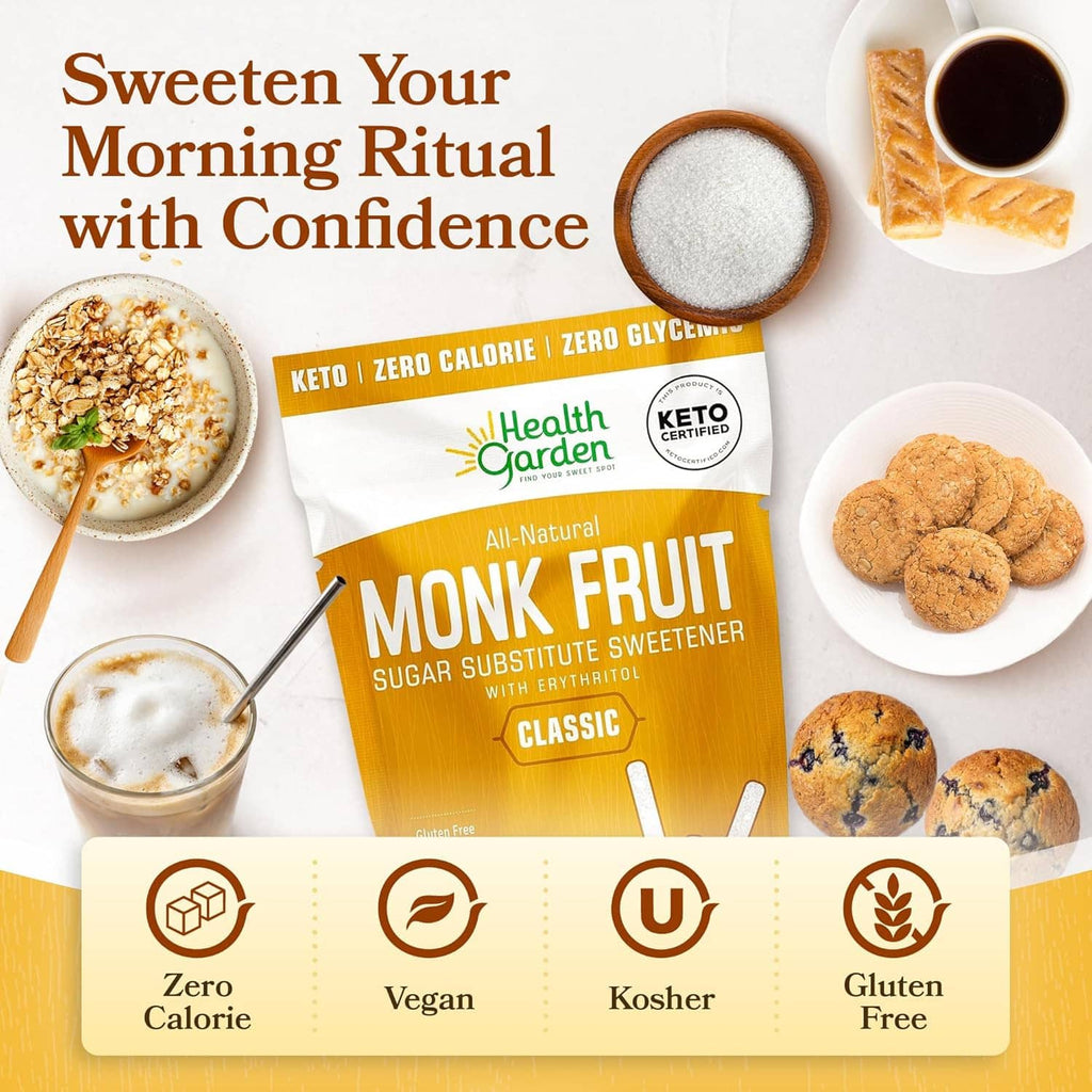 Monk Fruit sugar substitute sweetener bag with oatmeal, cookies, and coffee cup