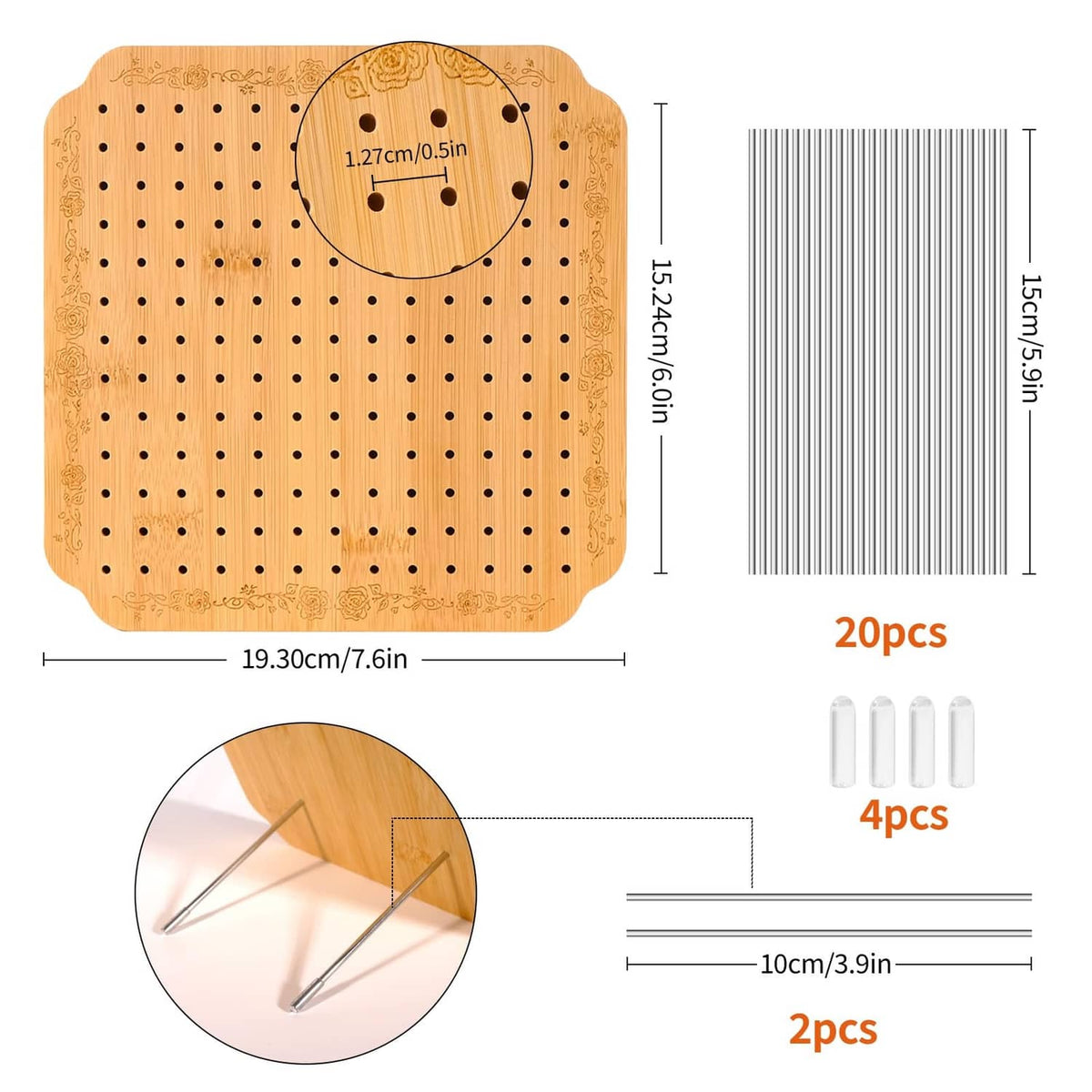 Light tan crochet blocking board with hole grid, size markings, and included pins