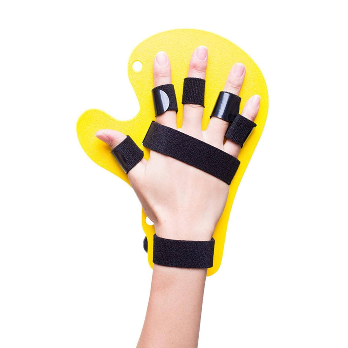 Fingerboard hand splint with five finger rests and black hook-and-loop straps