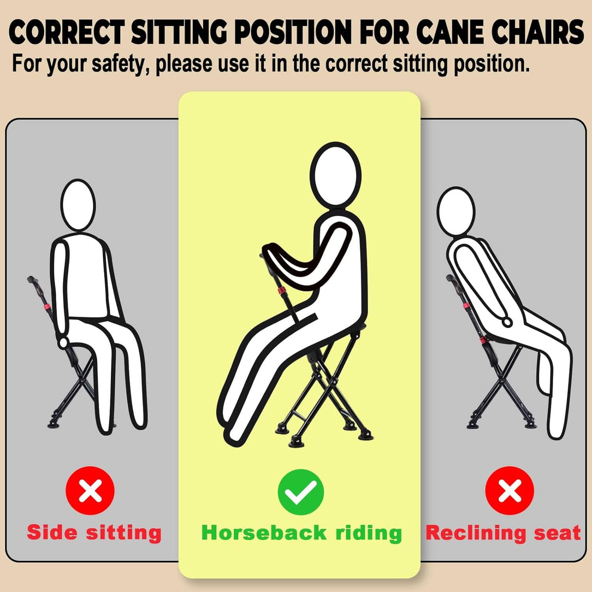Cane chair seating position guide with black frame and grey seat, red accent