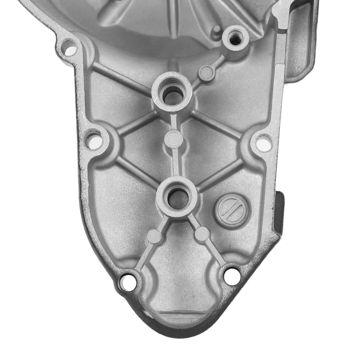 Crankcase cover underside detail with bolt holes and internal reinforcement ribs