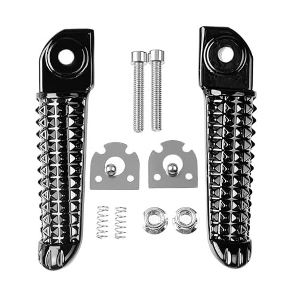 Front passenger foot pegs, black with diamond grip pattern and included screws and springs