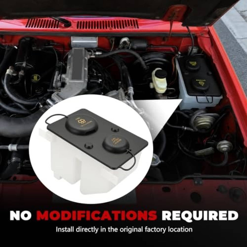 Coolant and washer fluid reservoir tank with two caps, shown installed in engine bay
