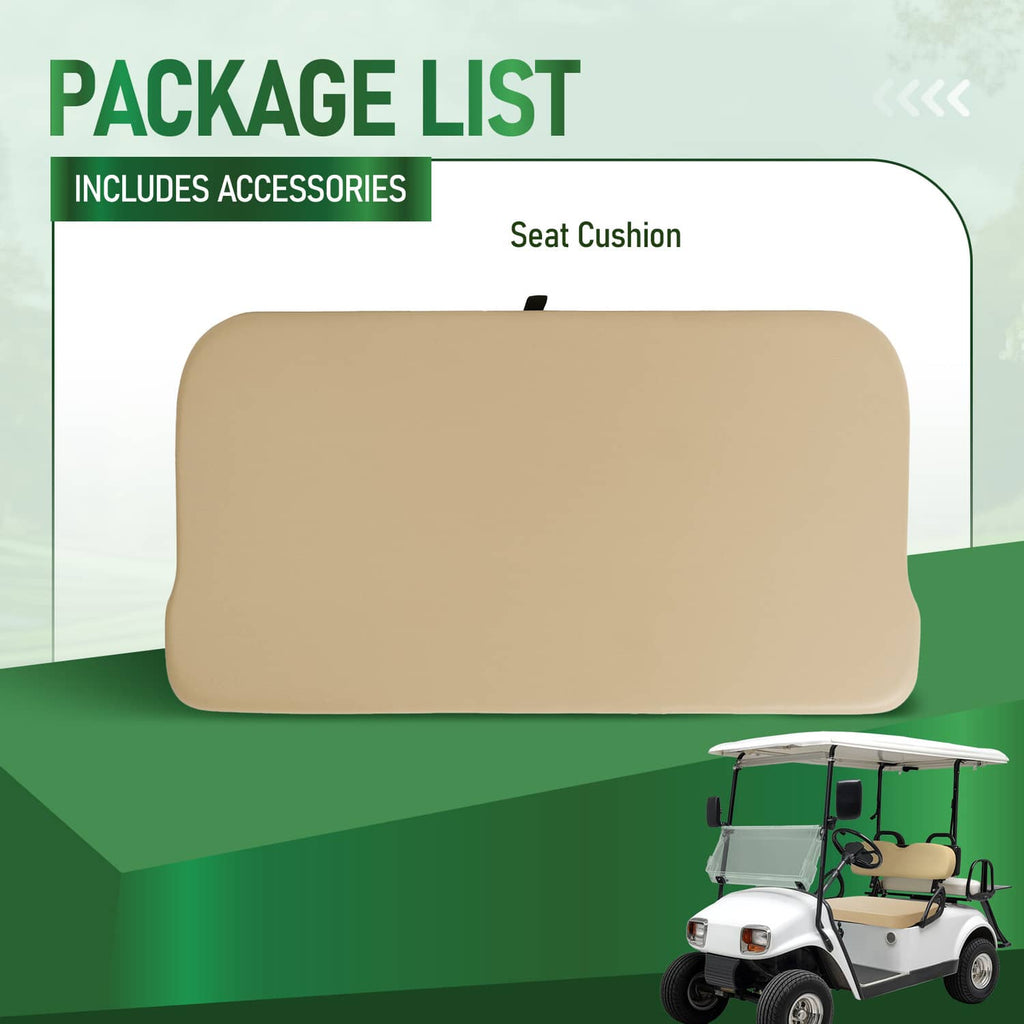 Tan seat cushion included, molded rectangular shape with rounded edges