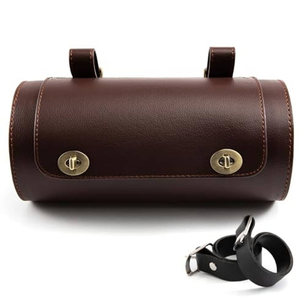 Brown leather-look motorcycle tool bag with two front snap buckles and top handles